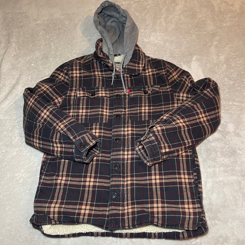 Levi's Jacket Mens Small Brown Gray Sherpa Lined Plaid Hooded Flannel Shirt Coat